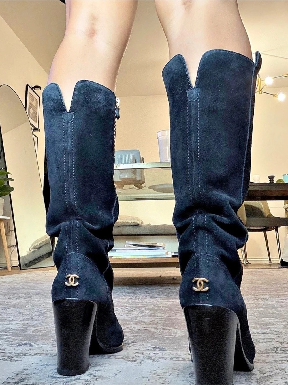 Chanel Tall Suede Boots Black and Gold Interlocking CC EU 36.5 C